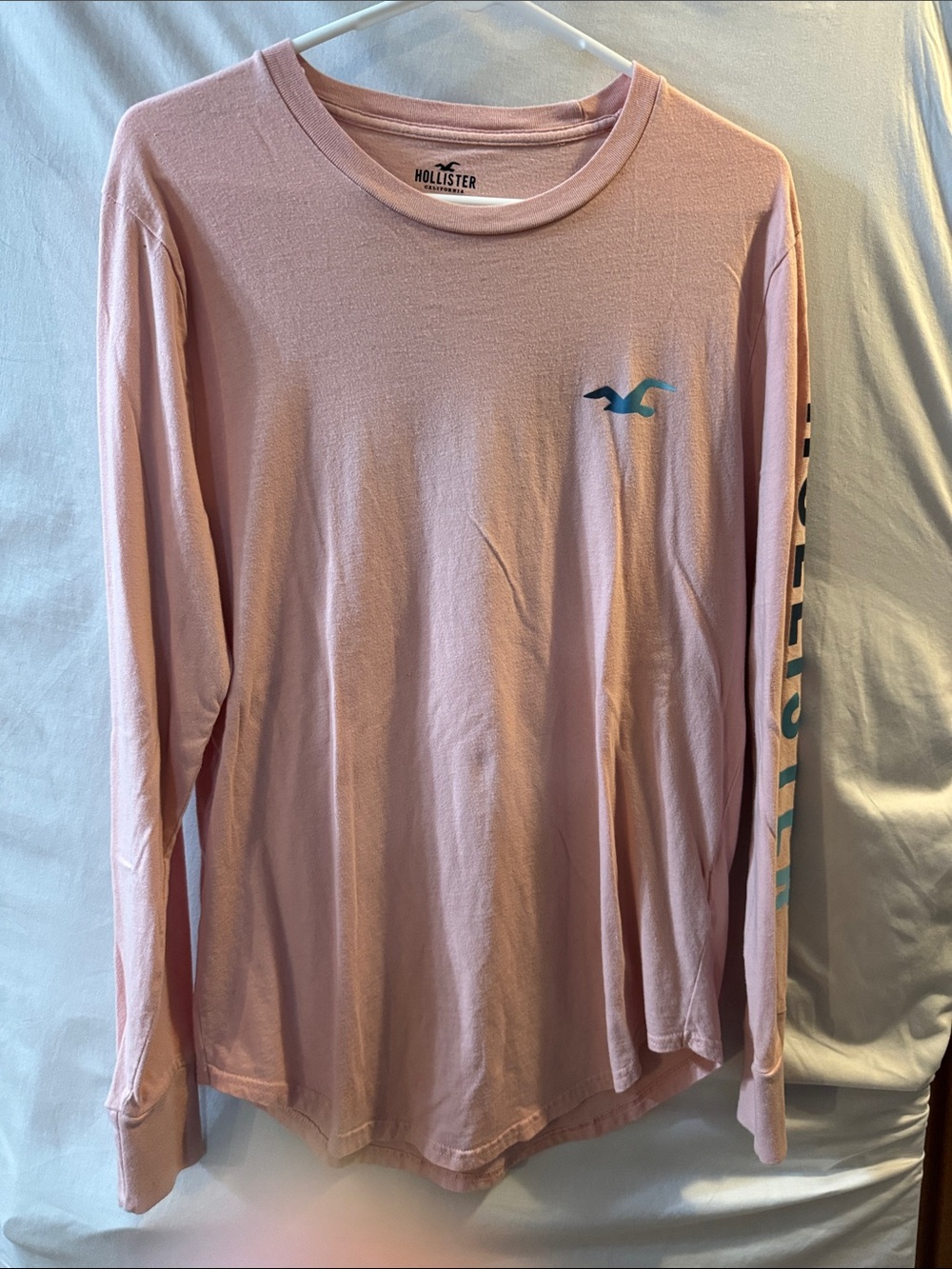Hollister Men’s Long-Sleeve Logo Tee - Light Pink with Teal Accent